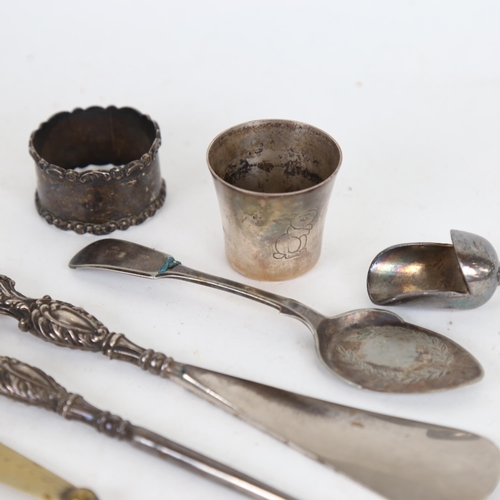 1035 - Various silver and plate, including silver napkin ring, and silver-handled dressing table items