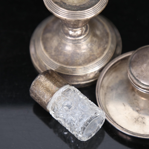 1036 - Various silver, including squat candlesticks, pin dish, pillbox etc