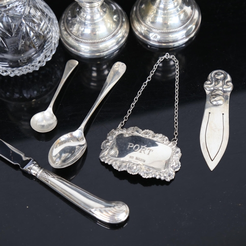 1037 - Various silver, including Scandinavian bookmark, Port decanter label, silver-topped glass sugar cast... 