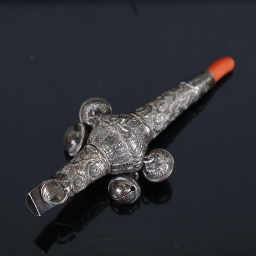 1044 - A William IV silver baby's rattle, with bells and coral teether, with allover relief embossed floral... 