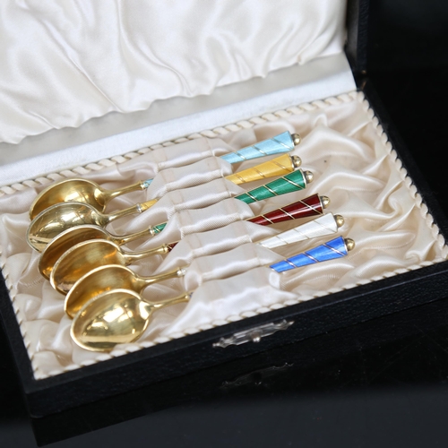 1046 - EGON LAURIDSEN - a set of 6 Danish vermeil sterling silver and harlequin enamel coffee spoons, lengt... 