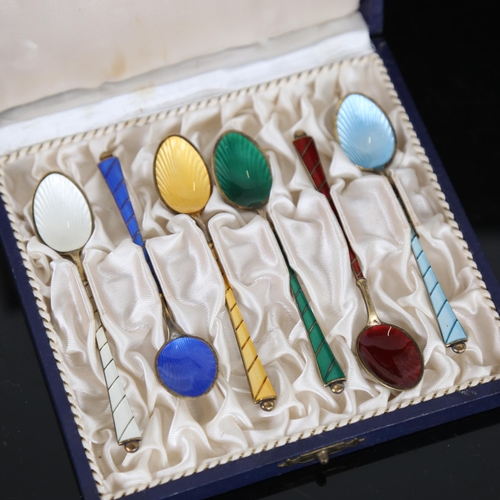 1047 - EGON LAURIDSEN - a set of 6 Danish vermeil sterling silver and harlequin enamel coffee spoons, lengt... 