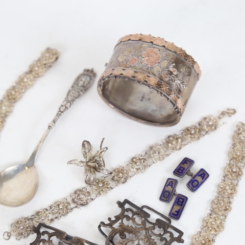 1048 - Various silver and jewellery, including Victorian tri-colour gold mounted hinged bangle, hallmarks B... 