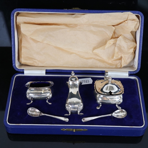 1053 - A cased Mappin & Webb 3-piece silver cruet set, hallmarks Birmingham 1929, 3.4oz weighable