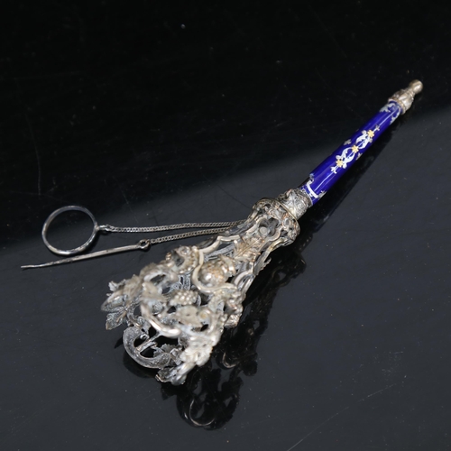 1061 - A 19th century French unmarked white metal and Royal blue enamel posy holder, length 15cm