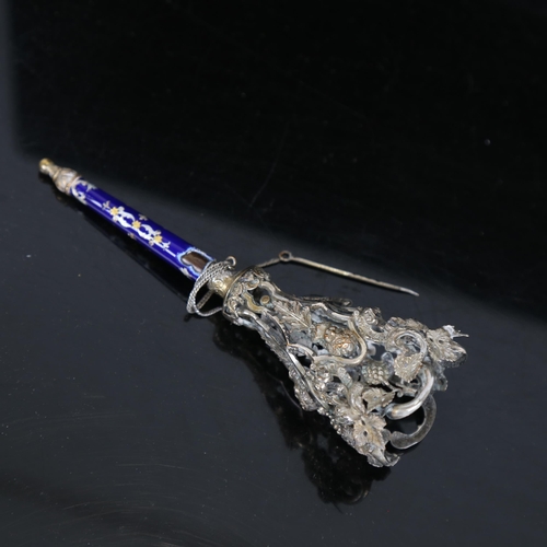 1061 - A 19th century French unmarked white metal and Royal blue enamel posy holder, length 15cm