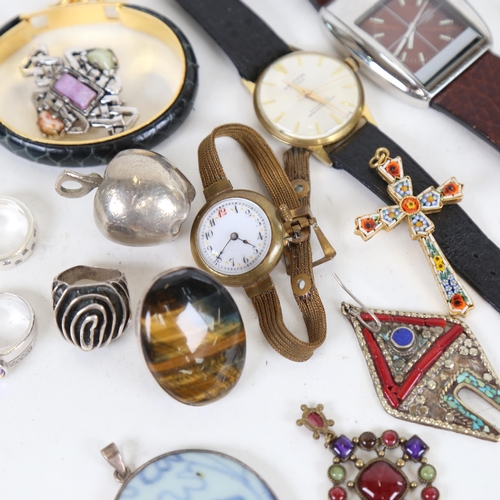 1067 - Various wristwatches, silver jewellery, plate etc, including large silver tigers eye ring (boxful)