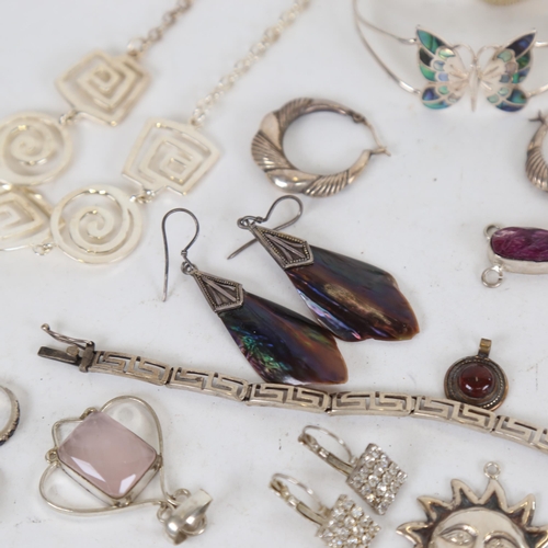 1075 - Various silver jewellery, including rose-holder brooch, earrings, necklaces etc