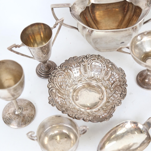 1077 - Various silver and a small plated Harper replica cup, including trophies, serving spoon, sugar bowl ... 