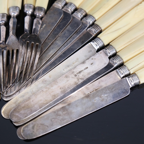 1080 - A set of Victorian silver-bladed ivory-handled dessert knives and forks for 10 people, by Atkin & Ox... 