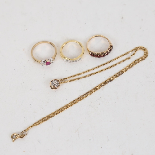 1084 - Various gold jewellery, including 18ct 7-stone diamond ring, 2g, 2 9ct stone set rings, 4.2g, and a ... 