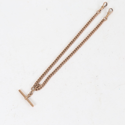 1088 - A 9ct rose gold curb link Albert chain necklace, with T-bar and 2 dog clips, length 40cm, 18.5g