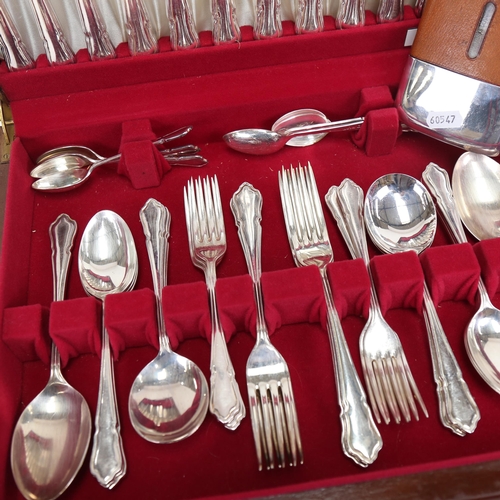 854 - A canteen of Walker & Hall Sheffield plate cutlery for 6 people, a silver plated and leather-mounted... 