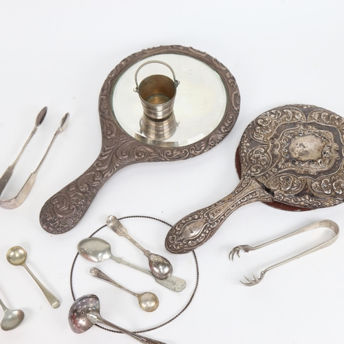 869 - 2 Art Nouveau silver embossed dressing table mirrors, plated sugar tongs, salt spoons etc