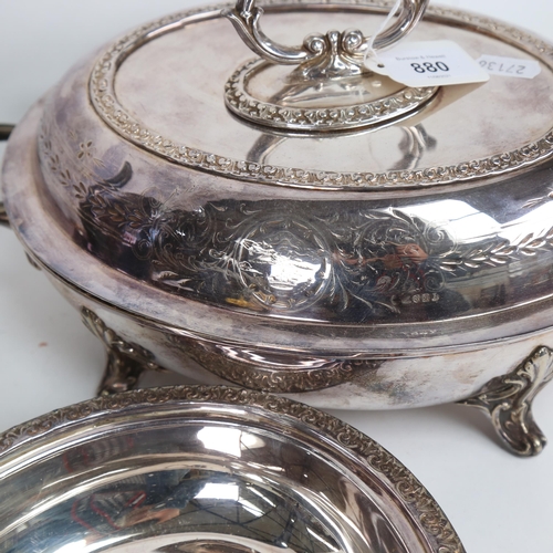 880 - A large silver plated coffee/hot water jug, plated entree dishes and cover etc