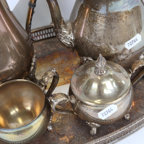 918 - A 4-piece silver plated Queen Anne style tea and coffee set, and a galleried tea tray