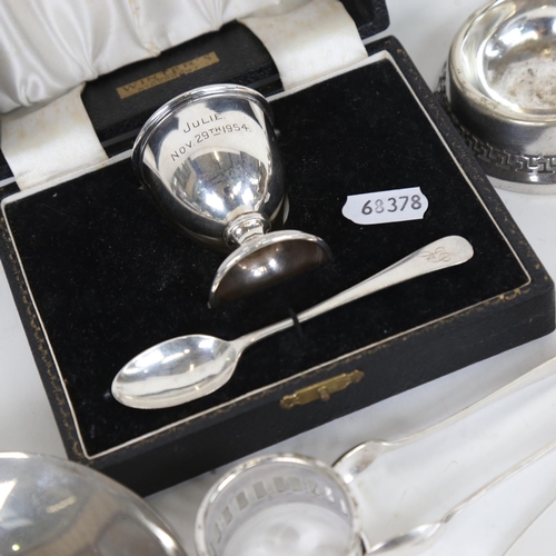 928 - A boxed silver egg cup and spoon, plated cutlery etc