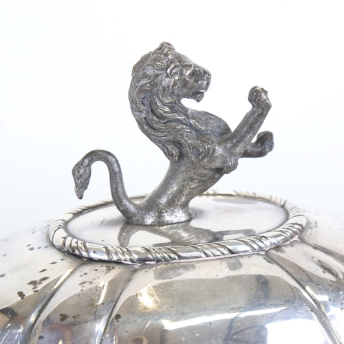 932 - A large Victorian silver plated meat cover, with rearing lion handle