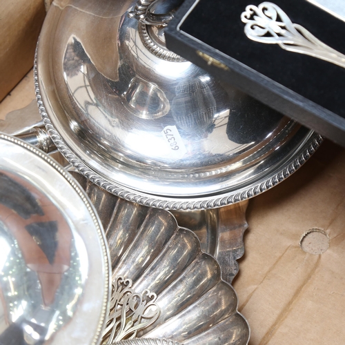 944 - A silver plated flambe dish and cover, serving trays, tureens, cased cutlery etc (boxful)