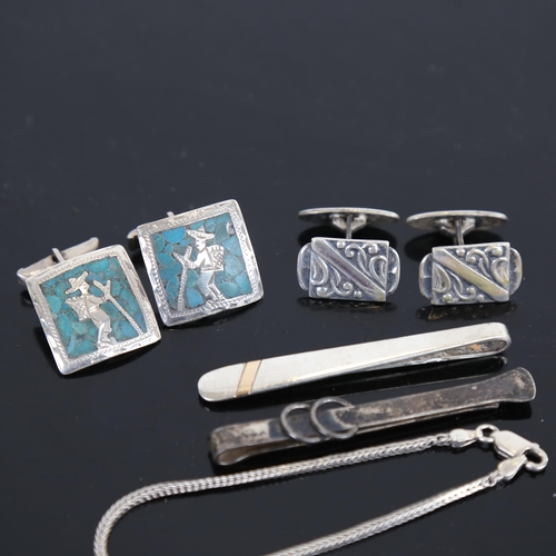 953 - 2 pairs of silver cufflinks, a bracelet, and tie clip