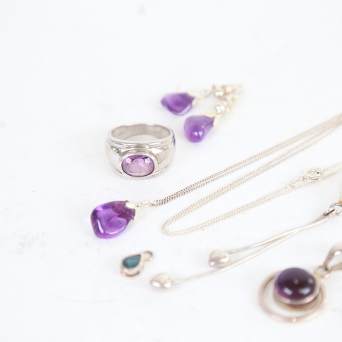 954 - A collection of silver and amethyst set jewellery, to include a ring, earrings, pendant etc