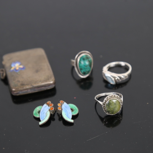 969 - A group of silver, to include a Continental silver Vesta case, a pair of silver and enamel clip-on e... 