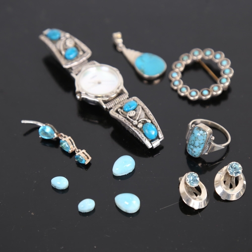 973 - A turquoise stone set lady's wristwatch, a turquoise set silver ring, brooch, earrings etc