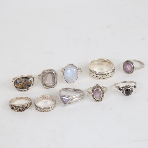 980 - 10 various silver and stone set dress rings