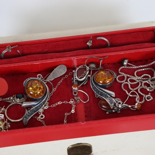 990 - A jewellery box with silver and Baltic amber set earrings, pendant and other costume jewellery