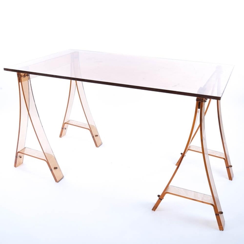 2095 - A Mid century peach acrylic tressle table / desk, h 74cm x L 120cm x D 67cm