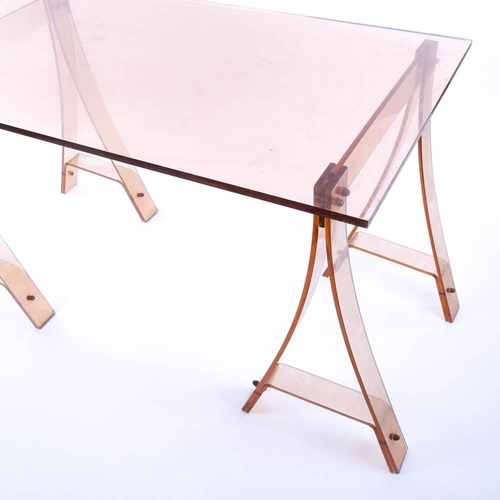 2095 - A Mid century peach acrylic tressle table / desk, h 74cm x L 120cm x D 67cm