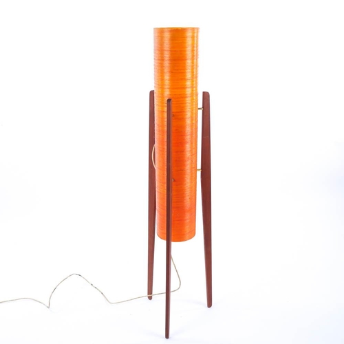 2096 - A 1970's retro orange fibreglass 'rocket' lamp, on teak legs, height 112cm