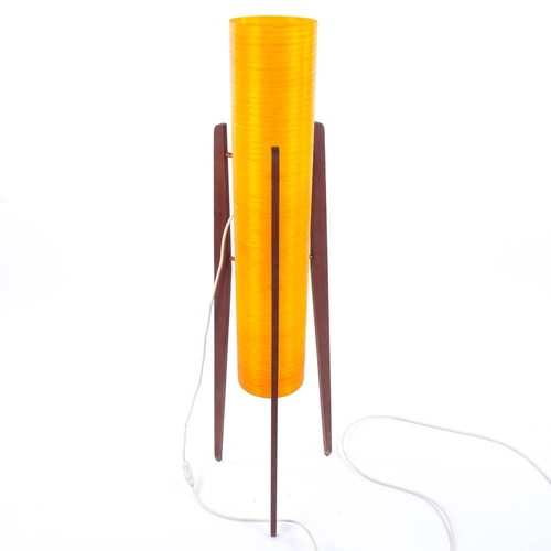 2097 - A 1970's retro yellow fibreglass 'rocket' lamp, on teak legs, height 110cm