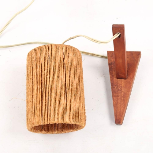 2102 - A Dutch mid century teak wall lamp with jute shade, label on bracket, drop 28cm