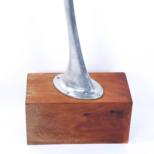 2117 - A large polished aluminium lanceolate form sculpture, on teak base, height 204cm