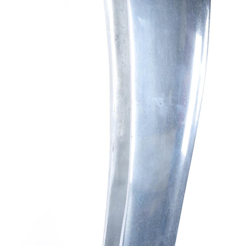 2117 - A large polished aluminium lanceolate form sculpture, on teak base, height 204cm