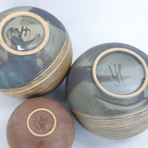 2127 - DEBORAH HOPSON 3 spherical studio pottery vases, tallest 12cm