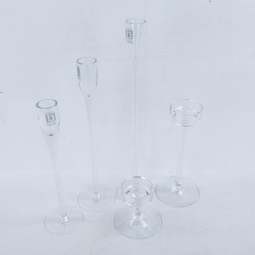 2134 - 3 Danish glass candlesticks by BROSTE, with two other stemmed tea light holders, tallest 34.5cm