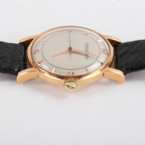 63 - JAEGER LECOULTRE - a Vintage 18ct gold mechanical wristwatch, circa 1950s, silvered dial with quarte... 