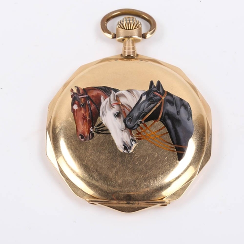 64 - An Art Deco Continental 14ct gold enamel horses full hunter pocket watch, dodecagonal form, the fron... 