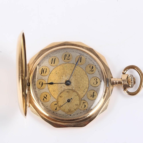 64 - An Art Deco Continental 14ct gold enamel horses full hunter pocket watch, dodecagonal form, the fron... 