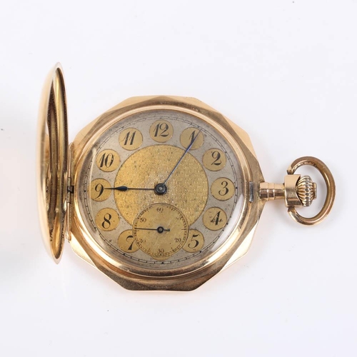 64 - An Art Deco Continental 14ct gold enamel horses full hunter pocket watch, dodecagonal form, the fron... 