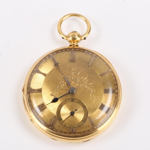 65 - A mid 19th century 18ct gold open face keywind pocket watch, two colour gold dial with applied Roman... 