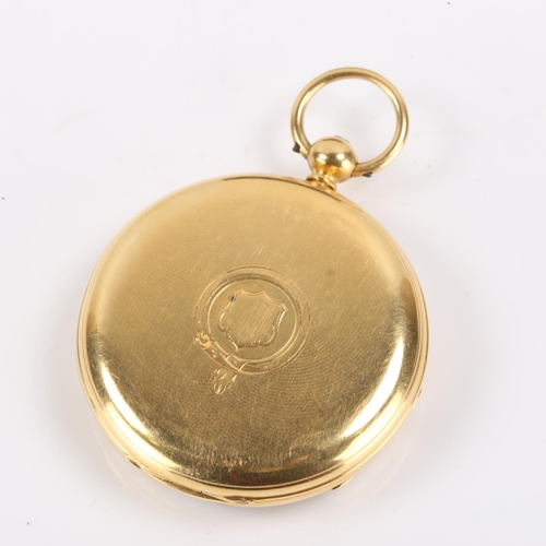 65 - A mid 19th century 18ct gold open face keywind pocket watch, two colour gold dial with applied Roman... 