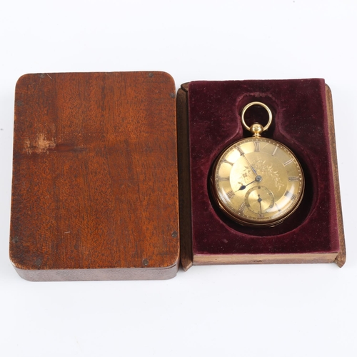 65 - A mid 19th century 18ct gold open face keywind pocket watch, two colour gold dial with applied Roman... 