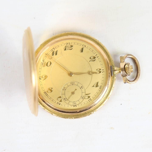 67 - An Art Deco Continental 14ct gold full hunter pocket watch, gilt dial with gilt Breguet Arabic numer... 