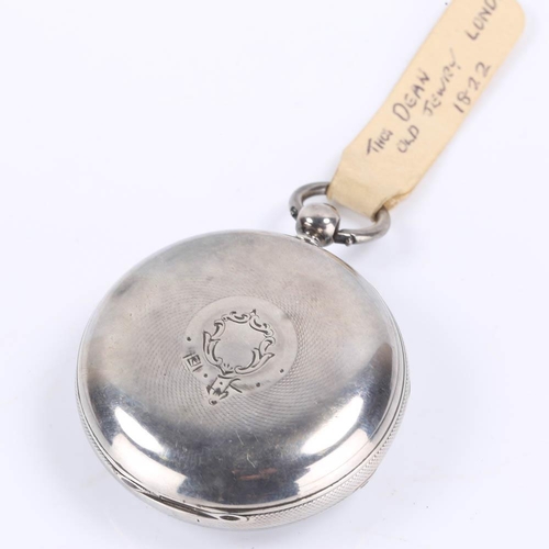 71 - A Victorian silver-cased open face keywind pocket watch, by Dean of Old Jewry, London, white enamel ... 