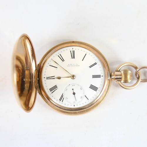 72 - WALTHAM - a gold plated full hunter pocket watch, white enamel dial with Roman numerals and subsidia... 