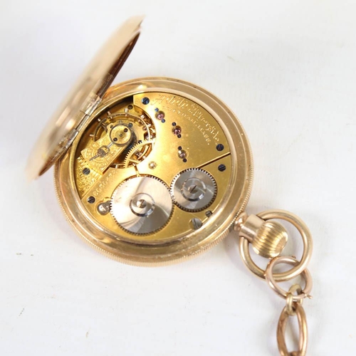 72 - WALTHAM - a gold plated full hunter pocket watch, white enamel dial with Roman numerals and subsidia... 