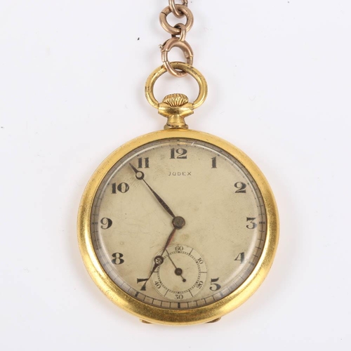 73 - JUDEX - an Art Deco gold plated open face topwind slimline pocket watch, silvered dial with Breguet ... 